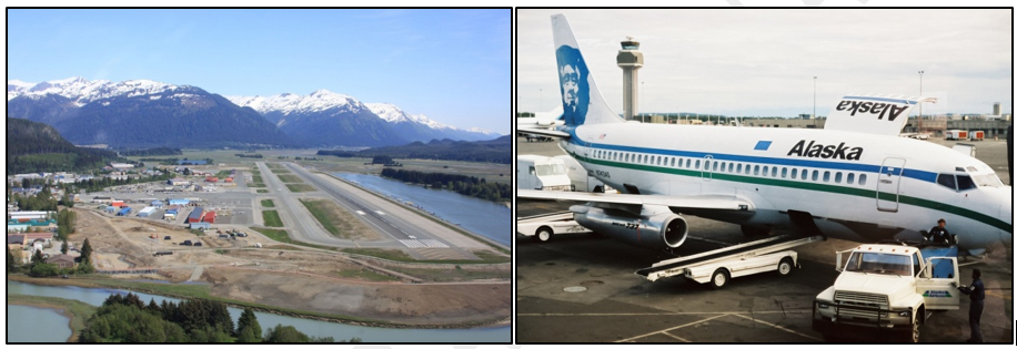 Izquierda: vista aeropuerto de Juneau. (fuente: http://www.travishbrown.com/alaska) Derecha: Boeing 737-200 de Alaska Airlines. (Fuente: Flickr) 