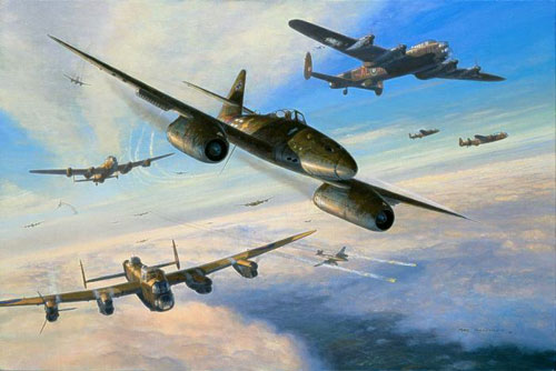 IlustraciÃ³n de Me-262 atacando una formaciÃ³n de Avro Lancasters en Marzo de 1945
