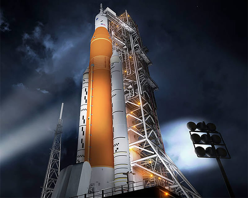 Concepto artístico del cohete SLS y la nave Orión. Image Credit: NASA SLS