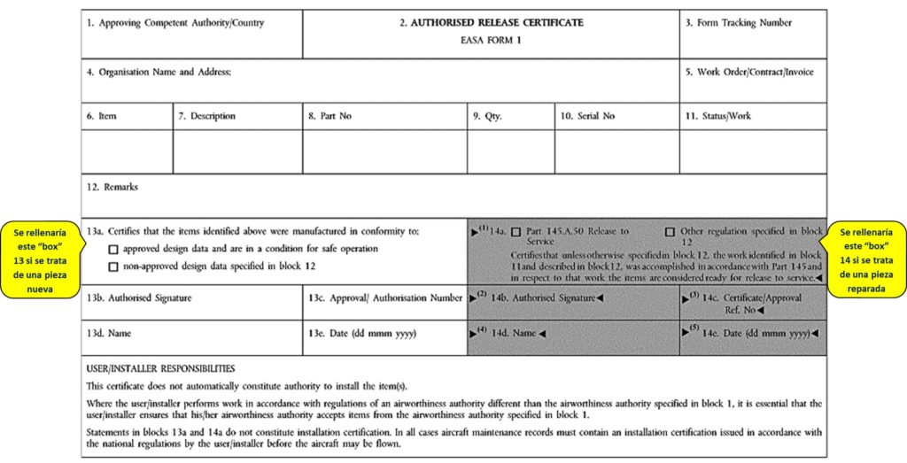 Ejemplo de un EASA Form 1 emitido por una Organización Part 145